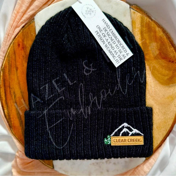 Embroidered Black Knit Hat with Mountain and Pine Tree Design - Picture 2 of 3